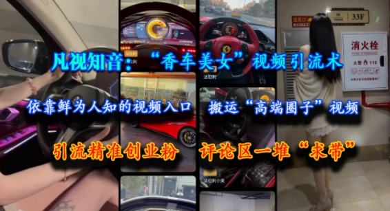 凡视知音:“香车美女”视频引流术,依靠鲜为人知的视频入口,搬运“高端圈子”视频,引流精准创业粉,评论区一堆“求带”-优优云网创