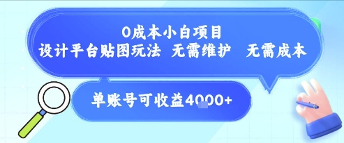 0成本小白项目,设计平台贴图玩法,无需维护,无需成本,单账号单月可产生收益4k+